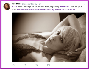 Tweet by Kay Marie showing beautiful image of Piper lying on a bed seductively
